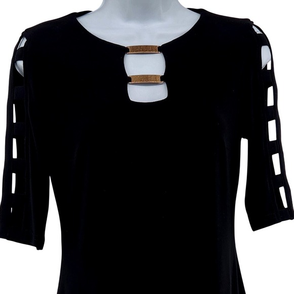 Joseph Ribkoff Black Cutout Sleeve Sheath Dress Size 4 Bar Detail Lined Zip - Picture 11 of 11